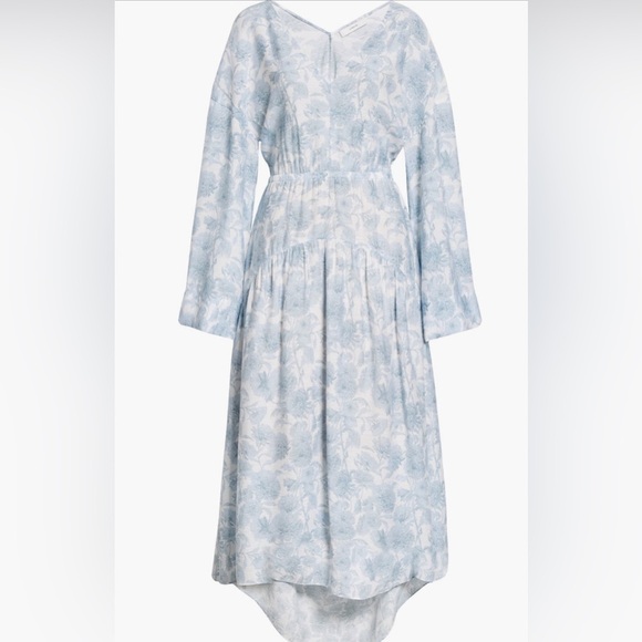 Vince Dahlia Floral Summer Dress Long Sleeve V Neck Women M Baby Blue White - Picture 13 of 16